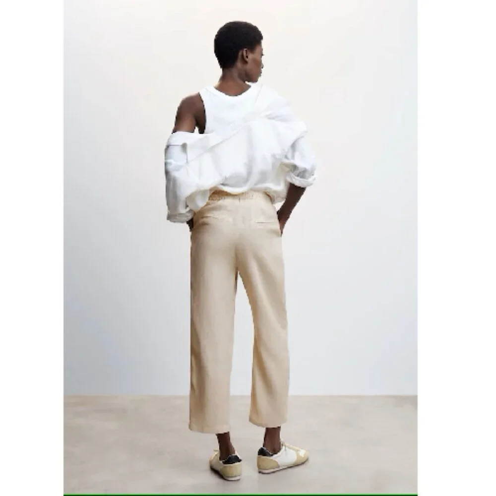 Mango MNG NWT 100% Linen Straight Pants Summer Elastic Waist Drawstring Size 1XL